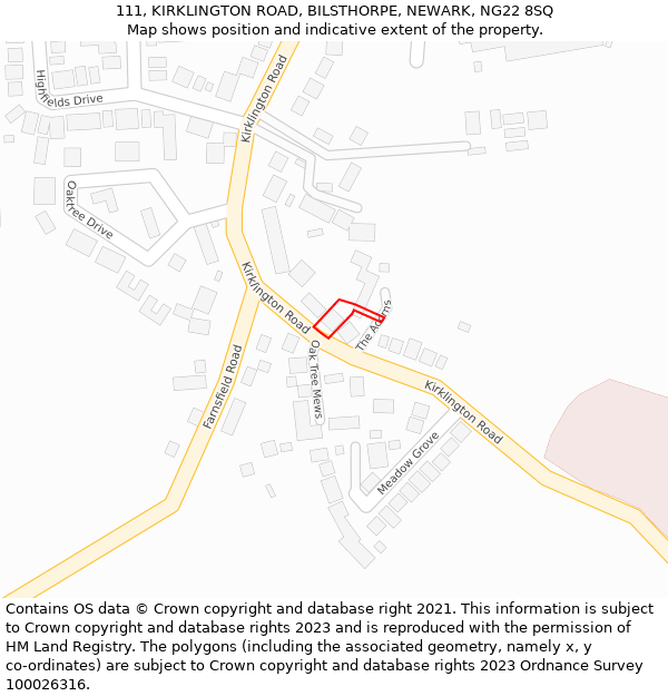 111, KIRKLINGTON ROAD, BILSTHORPE, NEWARK, NG22 8SQ: Location map and indicative extent of plot