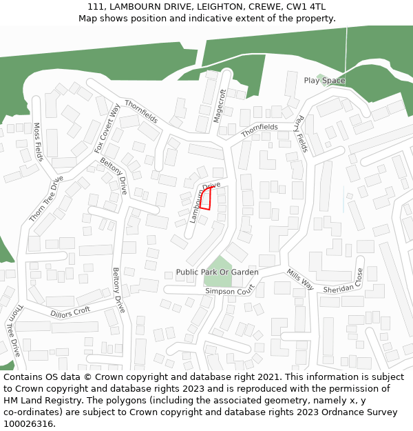 111, LAMBOURN DRIVE, LEIGHTON, CREWE, CW1 4TL: Location map and indicative extent of plot