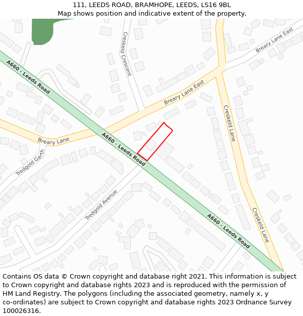111, LEEDS ROAD, BRAMHOPE, LEEDS, LS16 9BL: Location map and indicative extent of plot
