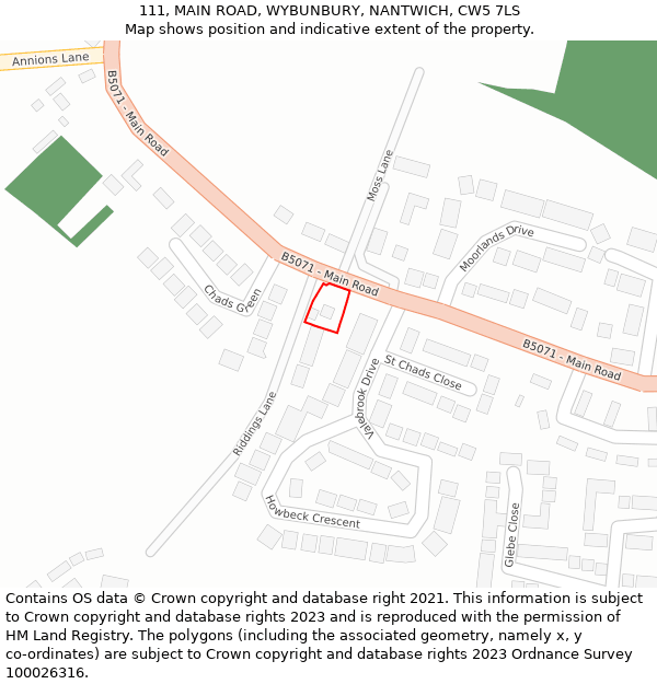 111, MAIN ROAD, WYBUNBURY, NANTWICH, CW5 7LS: Location map and indicative extent of plot