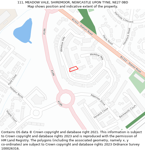 111, MEADOW VALE, SHIREMOOR, NEWCASTLE UPON TYNE, NE27 0BD: Location map and indicative extent of plot