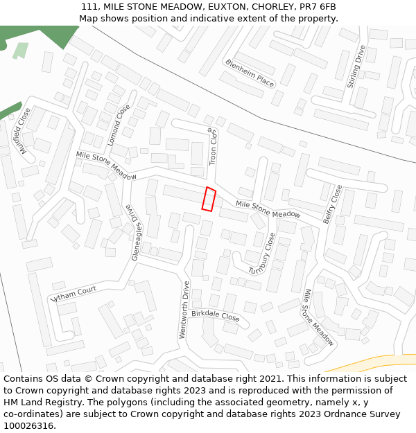 111, MILE STONE MEADOW, EUXTON, CHORLEY, PR7 6FB: Location map and indicative extent of plot