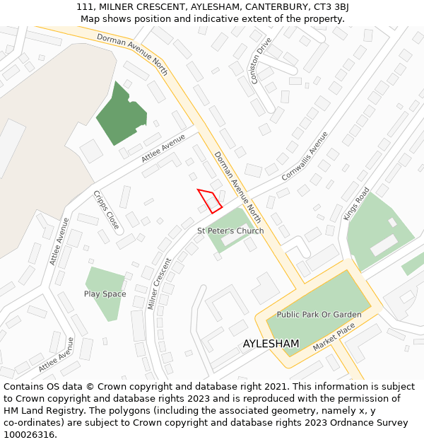 111, MILNER CRESCENT, AYLESHAM, CANTERBURY, CT3 3BJ: Location map and indicative extent of plot