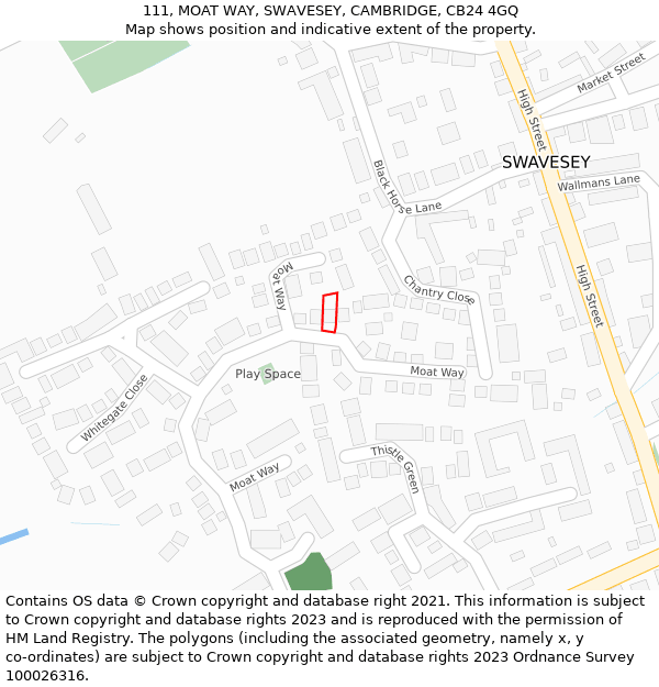 111, MOAT WAY, SWAVESEY, CAMBRIDGE, CB24 4GQ: Location map and indicative extent of plot