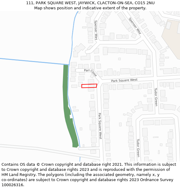 111, PARK SQUARE WEST, JAYWICK, CLACTON-ON-SEA, CO15 2NU: Location map and indicative extent of plot