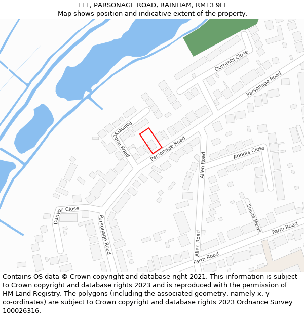 111, PARSONAGE ROAD, RAINHAM, RM13 9LE: Location map and indicative extent of plot