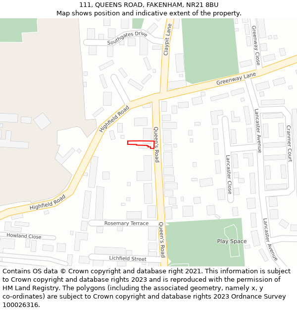 111, QUEENS ROAD, FAKENHAM, NR21 8BU: Location map and indicative extent of plot