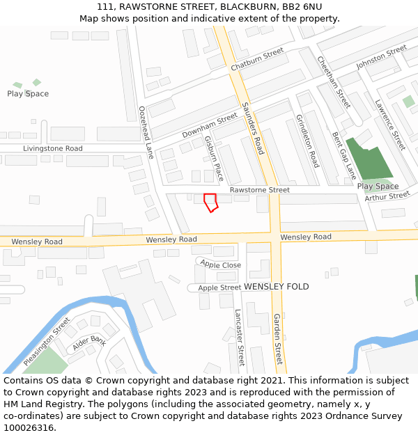 111, RAWSTORNE STREET, BLACKBURN, BB2 6NU: Location map and indicative extent of plot