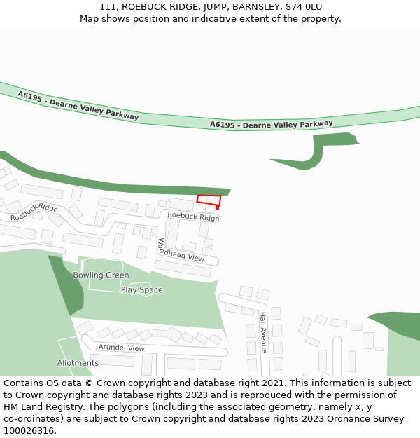 111, ROEBUCK RIDGE, JUMP, BARNSLEY, S74 0LU: Location map and indicative extent of plot