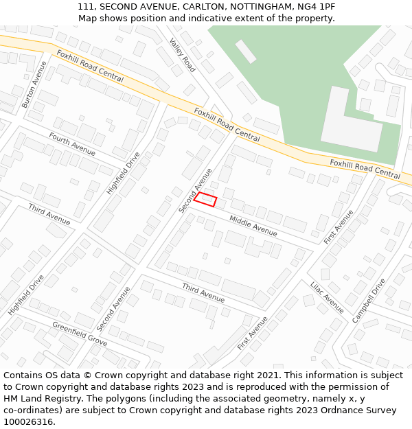 111, SECOND AVENUE, CARLTON, NOTTINGHAM, NG4 1PF: Location map and indicative extent of plot