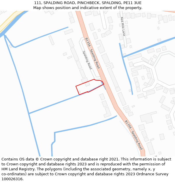 111, SPALDING ROAD, PINCHBECK, SPALDING, PE11 3UE: Location map and indicative extent of plot