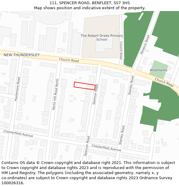 111, SPENCER ROAD, BENFLEET, SS7 3HS: Location map and indicative extent of plot