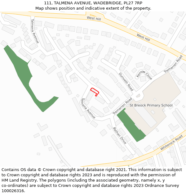 111, TALMENA AVENUE, WADEBRIDGE, PL27 7RP: Location map and indicative extent of plot