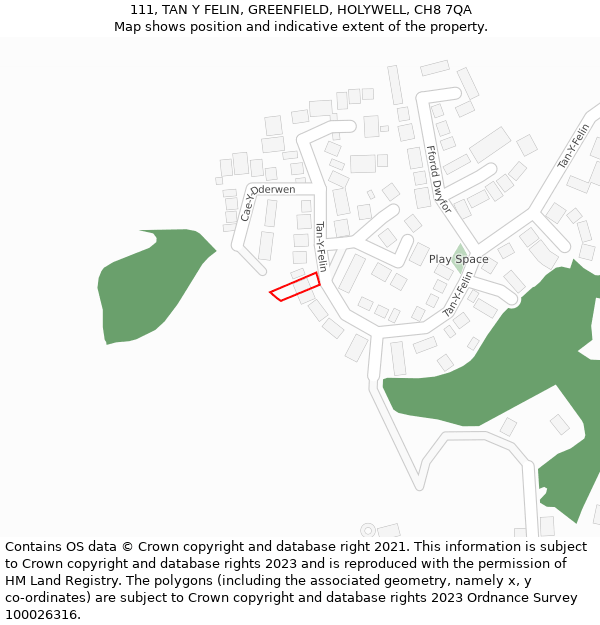 111, TAN Y FELIN, GREENFIELD, HOLYWELL, CH8 7QA: Location map and indicative extent of plot