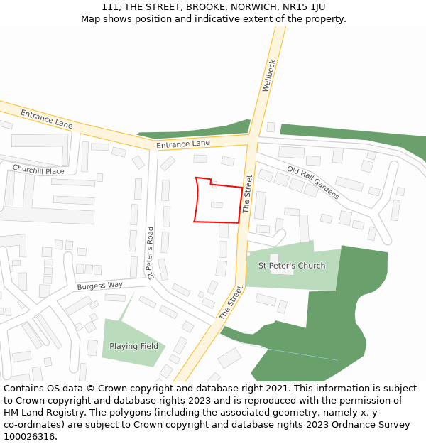 111, THE STREET, BROOKE, NORWICH, NR15 1JU: Location map and indicative extent of plot