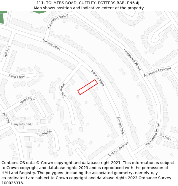 111, TOLMERS ROAD, CUFFLEY, POTTERS BAR, EN6 4JL: Location map and indicative extent of plot