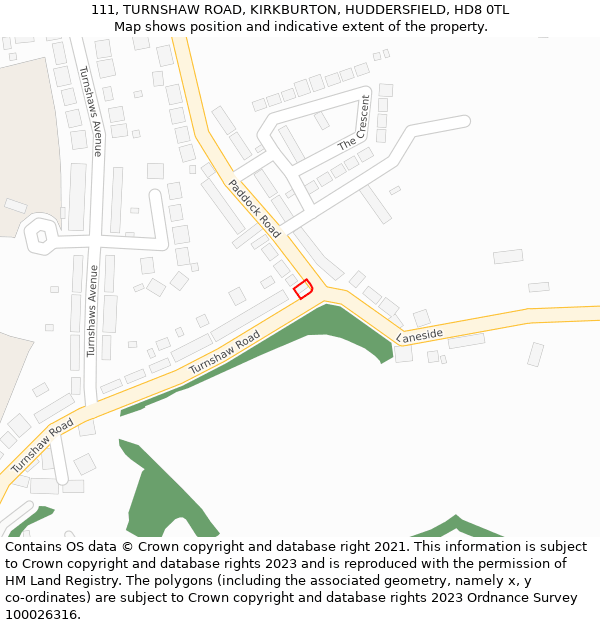 111, TURNSHAW ROAD, KIRKBURTON, HUDDERSFIELD, HD8 0TL: Location map and indicative extent of plot