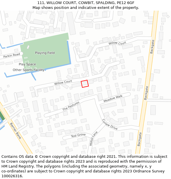 111, WILLOW COURT, COWBIT, SPALDING, PE12 6GF: Location map and indicative extent of plot