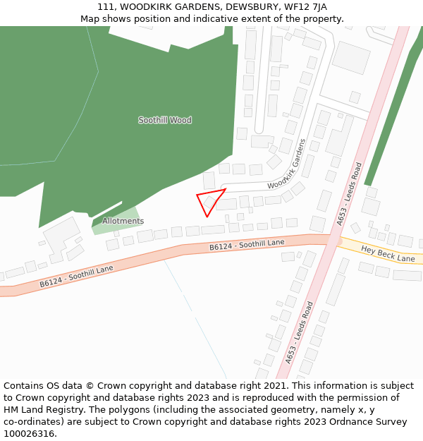 111, WOODKIRK GARDENS, DEWSBURY, WF12 7JA: Location map and indicative extent of plot