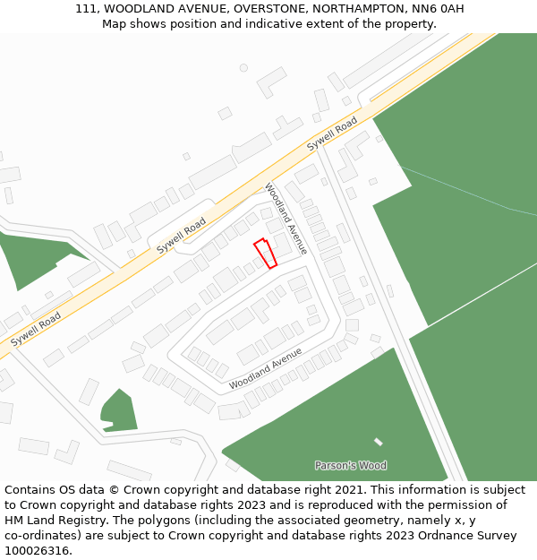 111, WOODLAND AVENUE, OVERSTONE, NORTHAMPTON, NN6 0AH: Location map and indicative extent of plot
