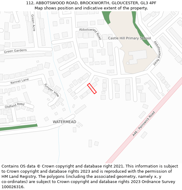 112, ABBOTSWOOD ROAD, BROCKWORTH, GLOUCESTER, GL3 4PF: Location map and indicative extent of plot