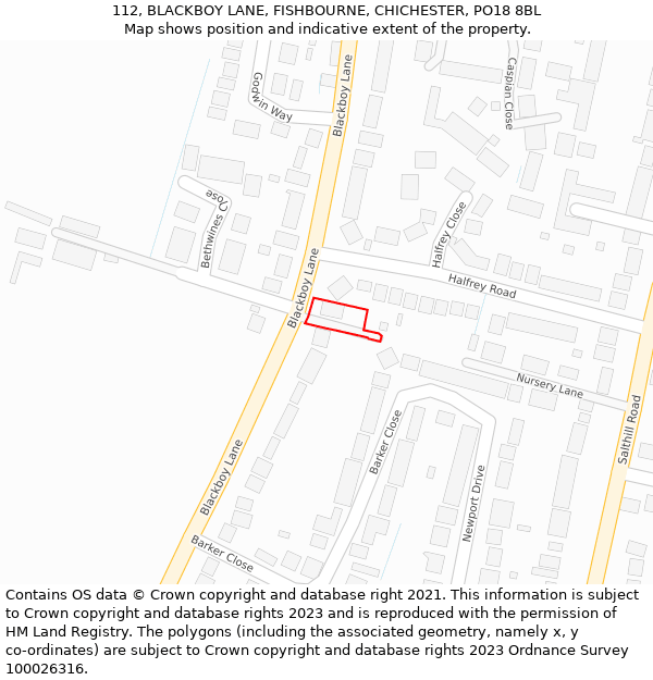 112, BLACKBOY LANE, FISHBOURNE, CHICHESTER, PO18 8BL: Location map and indicative extent of plot