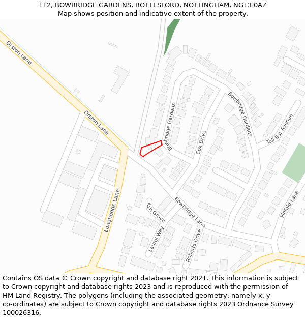 112, BOWBRIDGE GARDENS, BOTTESFORD, NOTTINGHAM, NG13 0AZ: Location map and indicative extent of plot