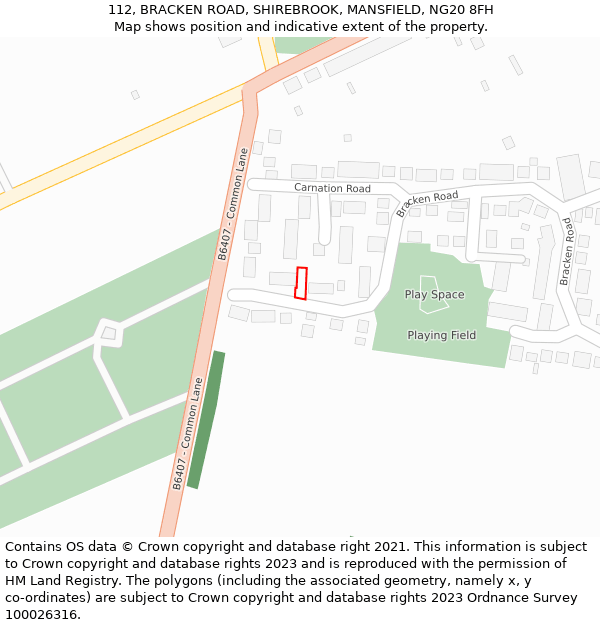 112, BRACKEN ROAD, SHIREBROOK, MANSFIELD, NG20 8FH: Location map and indicative extent of plot