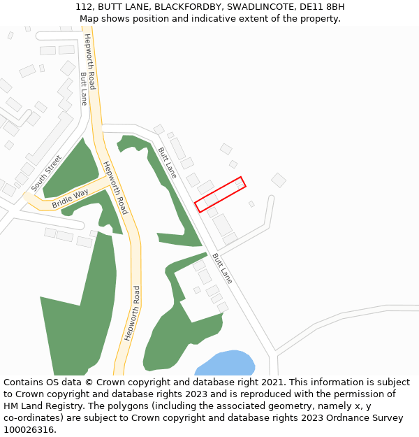 112, BUTT LANE, BLACKFORDBY, SWADLINCOTE, DE11 8BH: Location map and indicative extent of plot