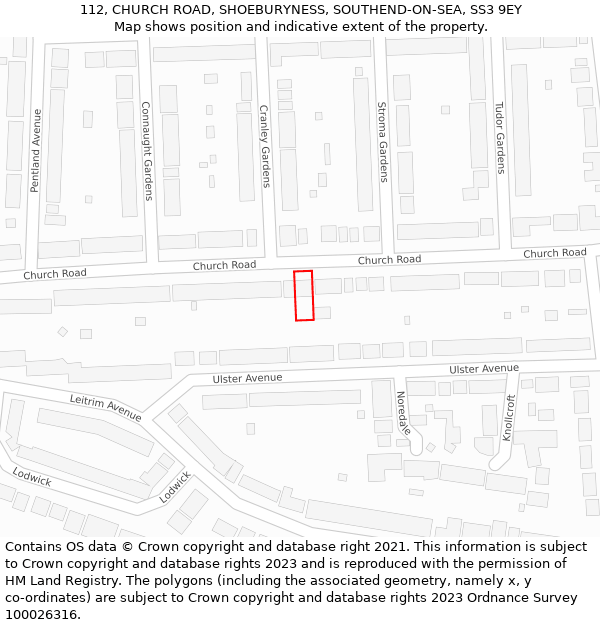 112, CHURCH ROAD, SHOEBURYNESS, SOUTHEND-ON-SEA, SS3 9EY: Location map and indicative extent of plot