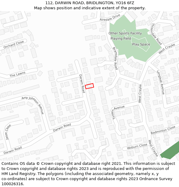 112, DARWIN ROAD, BRIDLINGTON, YO16 6FZ: Location map and indicative extent of plot