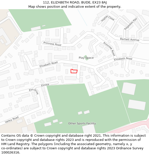 112, ELIZABETH ROAD, BUDE, EX23 8AJ: Location map and indicative extent of plot