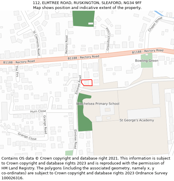 112, ELMTREE ROAD, RUSKINGTON, SLEAFORD, NG34 9FF: Location map and indicative extent of plot
