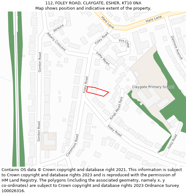 112, FOLEY ROAD, CLAYGATE, ESHER, KT10 0NA: Location map and indicative extent of plot