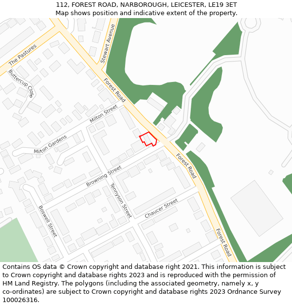 112, FOREST ROAD, NARBOROUGH, LEICESTER, LE19 3ET: Location map and indicative extent of plot