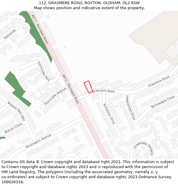 112, GRASMERE ROAD, ROYTON, OLDHAM, OL2 6SW: Location map and indicative extent of plot