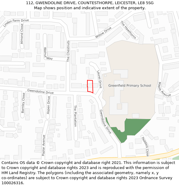 112, GWENDOLINE DRIVE, COUNTESTHORPE, LEICESTER, LE8 5SG: Location map and indicative extent of plot