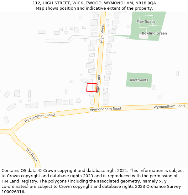 112, HIGH STREET, WICKLEWOOD, WYMONDHAM, NR18 9QA: Location map and indicative extent of plot