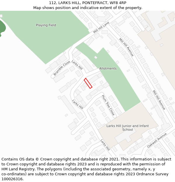 112, LARKS HILL, PONTEFRACT, WF8 4RP: Location map and indicative extent of plot