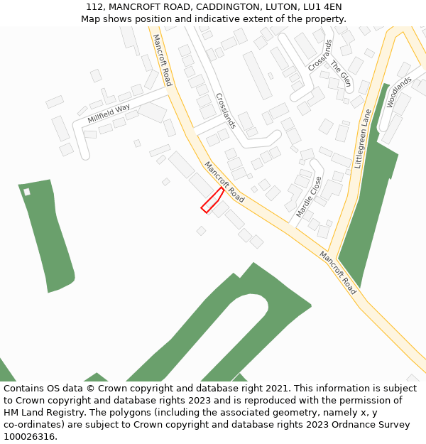 112, MANCROFT ROAD, CADDINGTON, LUTON, LU1 4EN: Location map and indicative extent of plot