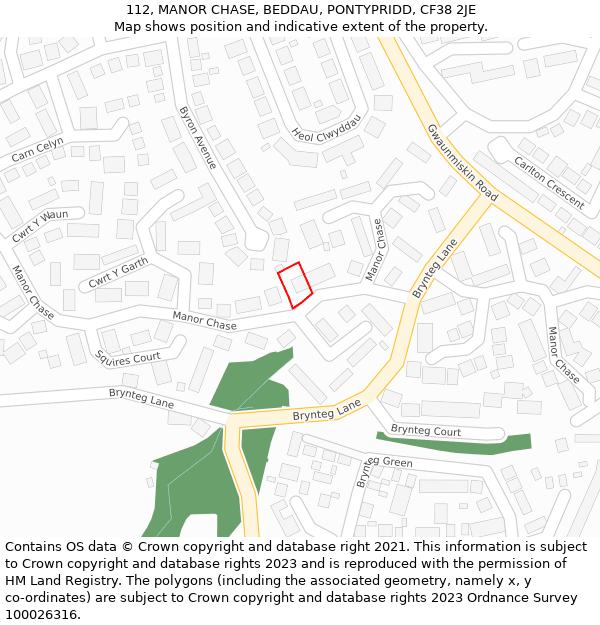 112, MANOR CHASE, BEDDAU, PONTYPRIDD, CF38 2JE: Location map and indicative extent of plot