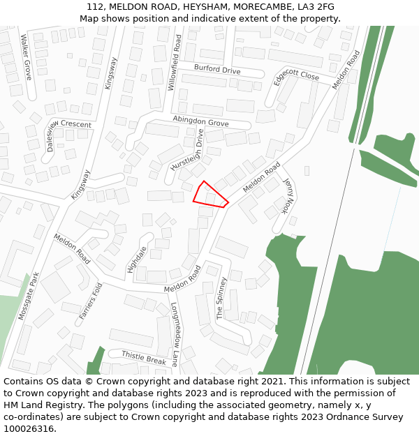 112, MELDON ROAD, HEYSHAM, MORECAMBE, LA3 2FG: Location map and indicative extent of plot