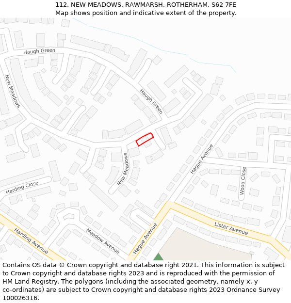 112, NEW MEADOWS, RAWMARSH, ROTHERHAM, S62 7FE: Location map and indicative extent of plot