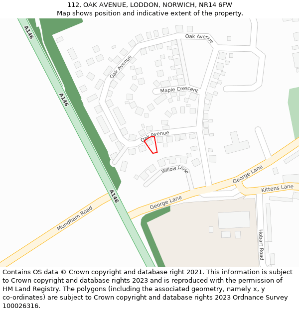 112, OAK AVENUE, LODDON, NORWICH, NR14 6FW: Location map and indicative extent of plot