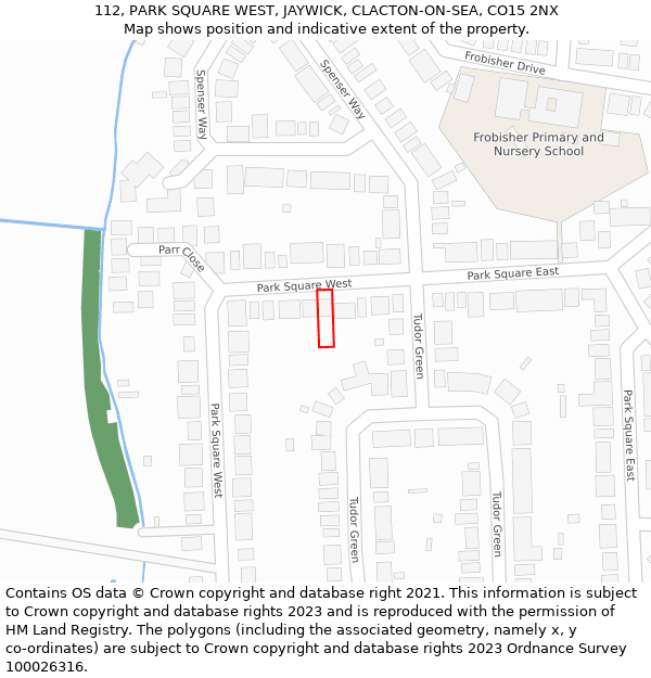 112, PARK SQUARE WEST, JAYWICK, CLACTON-ON-SEA, CO15 2NX: Location map and indicative extent of plot