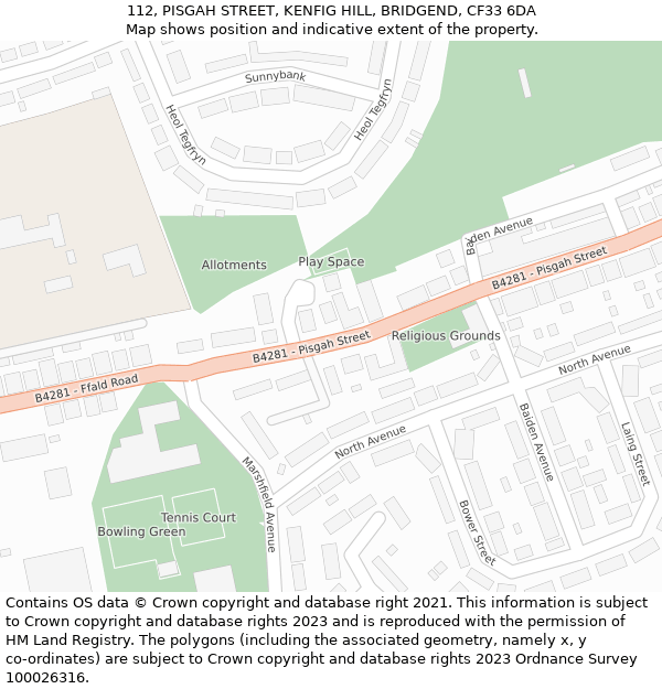 112, PISGAH STREET, KENFIG HILL, BRIDGEND, CF33 6DA: Location map and indicative extent of plot