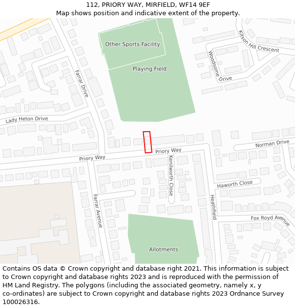 112, PRIORY WAY, MIRFIELD, WF14 9EF: Location map and indicative extent of plot