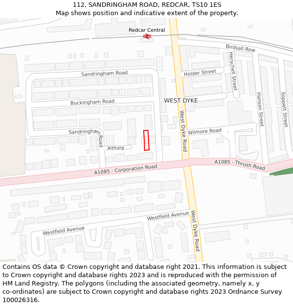 112, SANDRINGHAM ROAD, REDCAR, TS10 1ES: Location map and indicative extent of plot