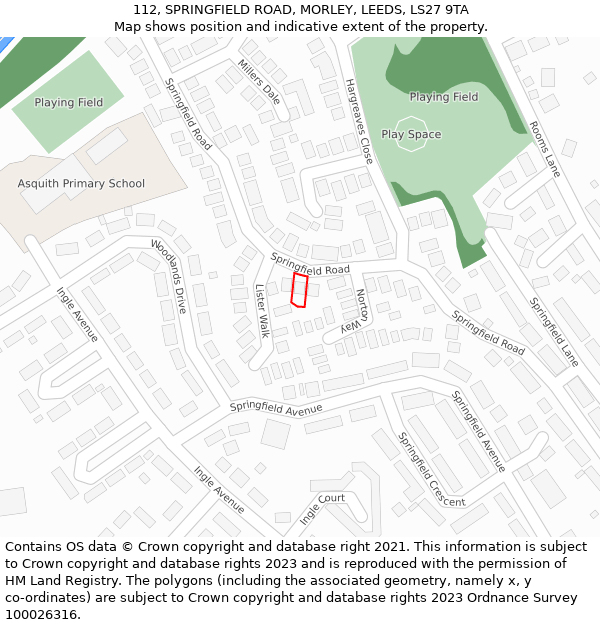 112, SPRINGFIELD ROAD, MORLEY, LEEDS, LS27 9TA: Location map and indicative extent of plot