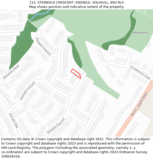 112, STARBOLD CRESCENT, KNOWLE, SOLIHULL, B93 9LA: Location map and indicative extent of plot